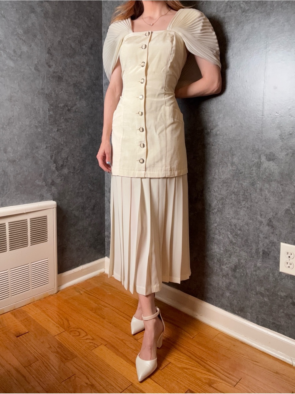 Vintage Positivity Ellyn Cream Pleated Wedding Dress | 1980s Art Deco Revival